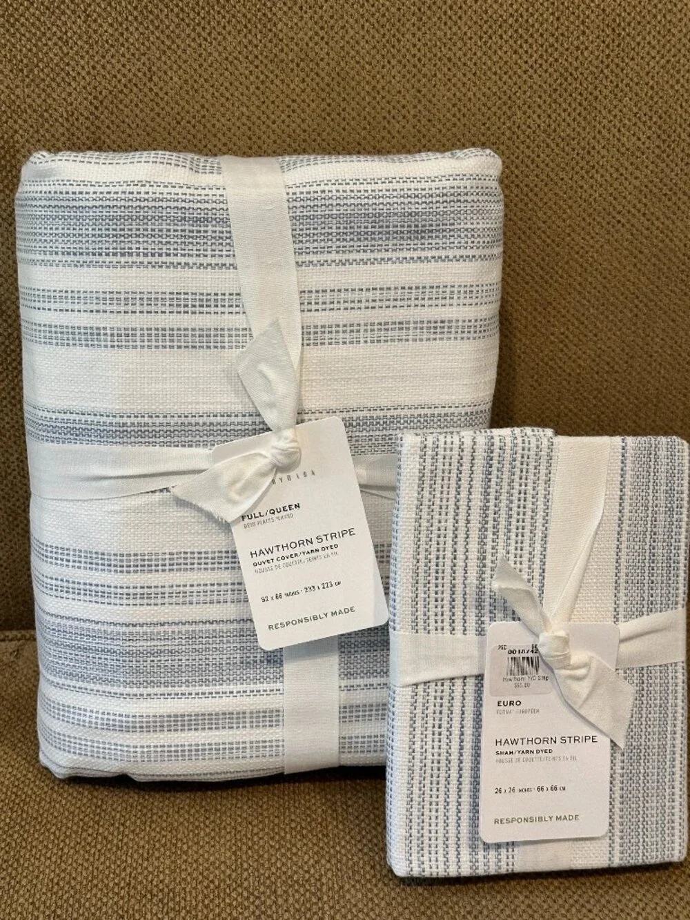 Pottery Barn Hawthorn Stripe Full/ Queen Duvet + 1 EURO Sham NEW w/tags BLUE